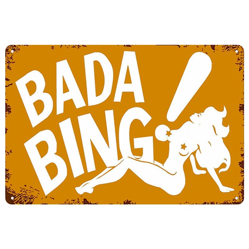 Vintage Bada Bing Metal Tin Sign Yellow