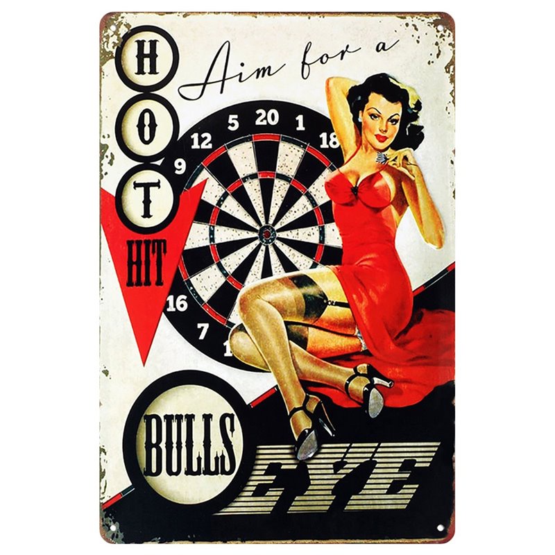 Vintage Aim for a Bull's Eye Sexy Metal Tin Sign