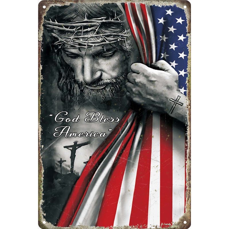 Vintage Jesus God Bless America Metal Tin Sign