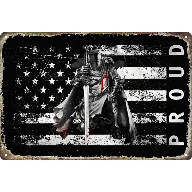 Vintage Proud American with Templar Knights Metal Tin Sign