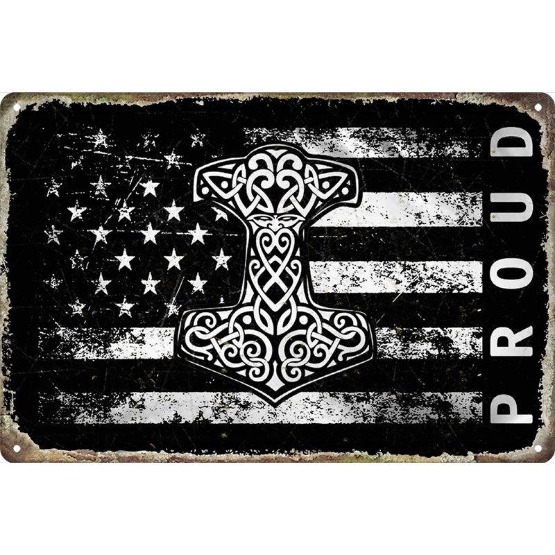 Vintage Proud American with Thor's Hammer Viking Norse Metal Tin Sign